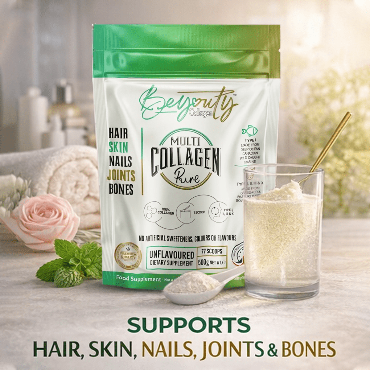 Pure Bovine & Marine Multi Collagen Hydrolysed Peptides TYPE I, II, III & X - 500g - BeYouty Collagen™