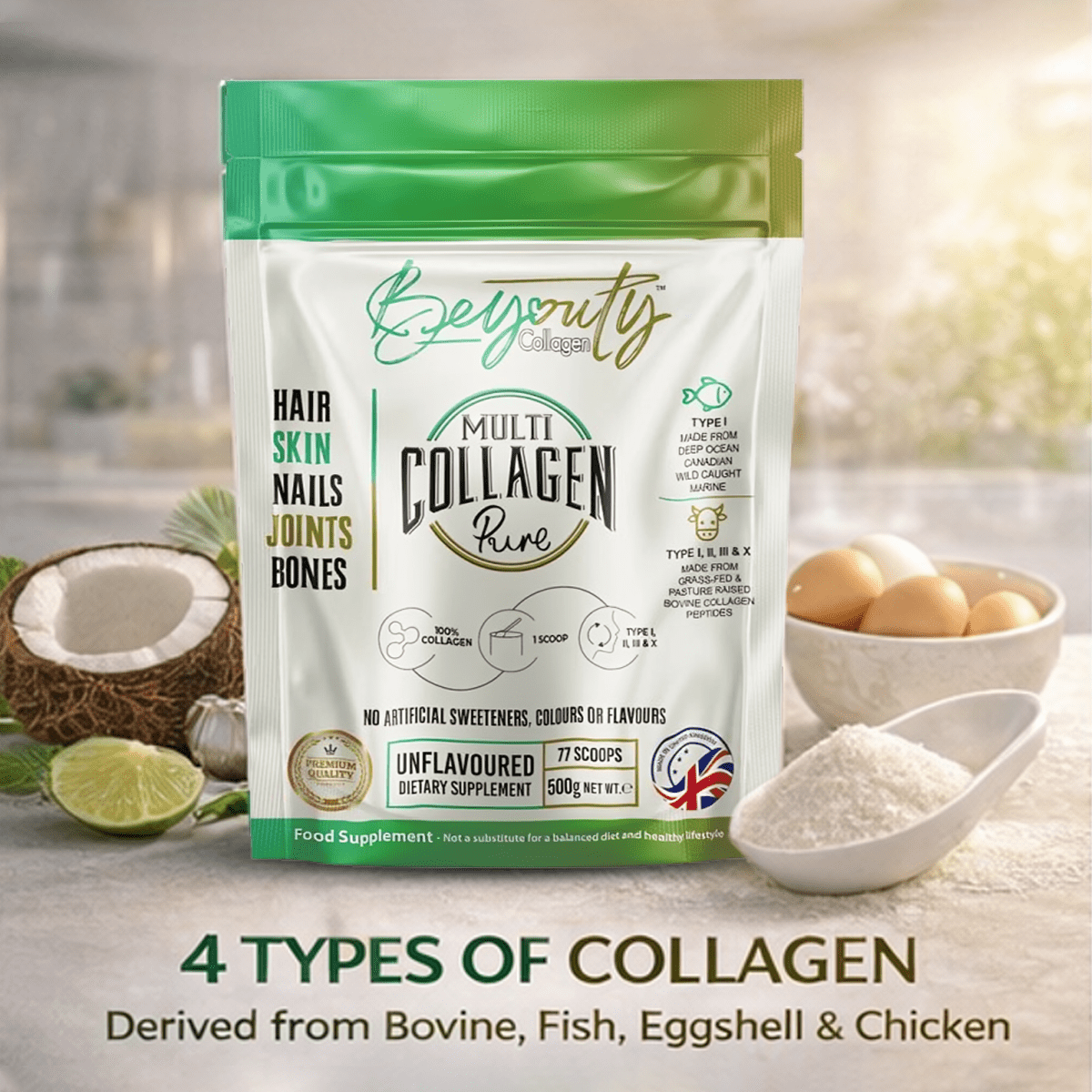 Pure Bovine & Marine Multi Collagen Hydrolysed Peptides TYPE I, II, III & X - 500G - BeYouty Collagen™