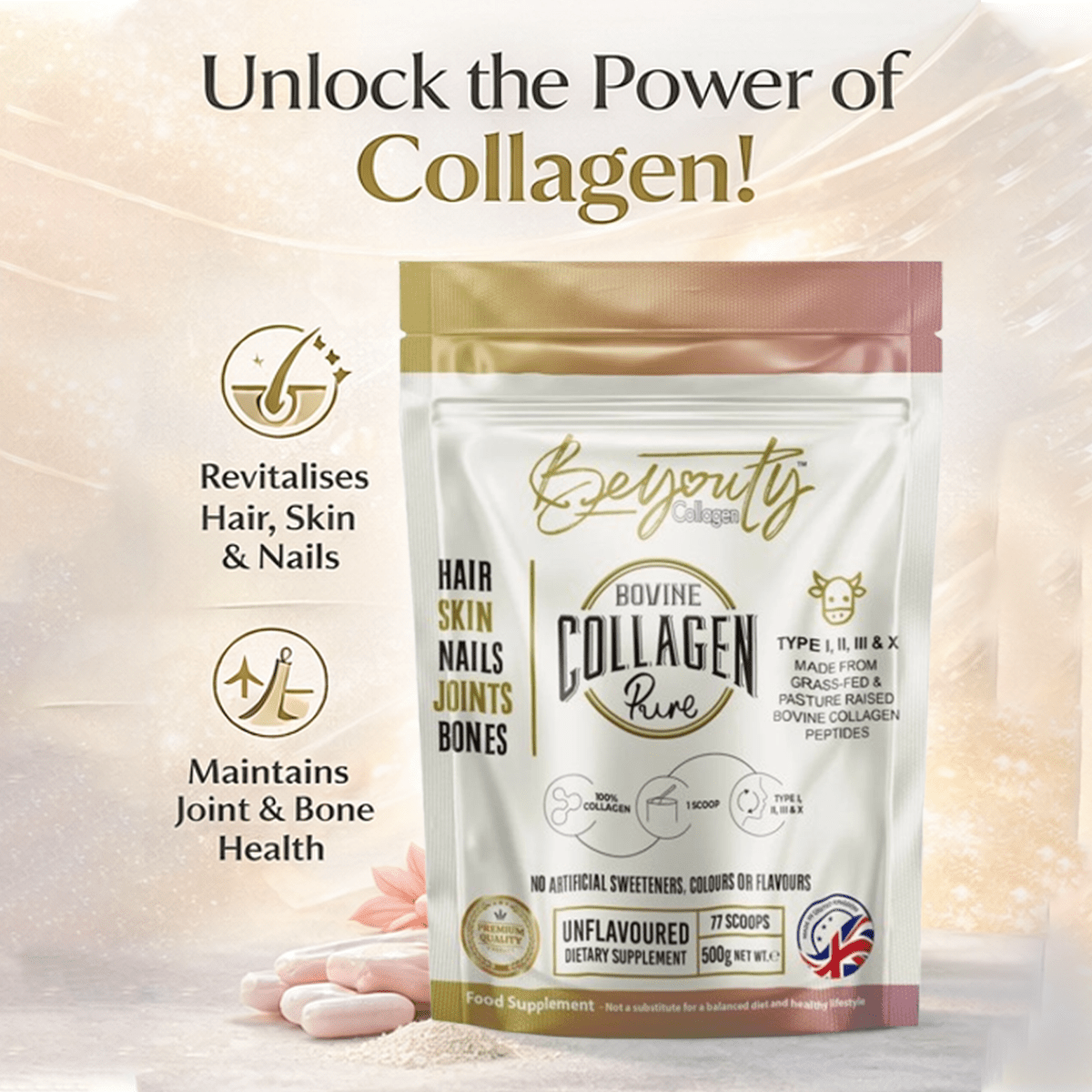 Pure Hydrolysed Bovine Collagen Peptides TYPE I, II, III & X - 5Kg (x10 Pouch) - BeYouty Collagen™