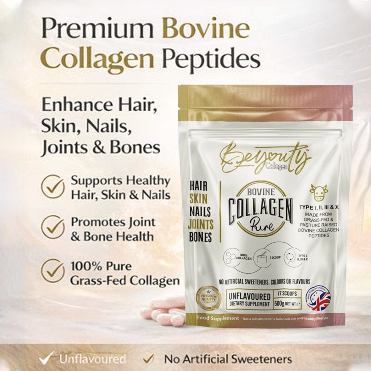 Pure Hydrolysed Bovine Collagen Peptides TYPE I, II, III & X - 5Kg (x10 Pouch) - BeYouty Collagen™