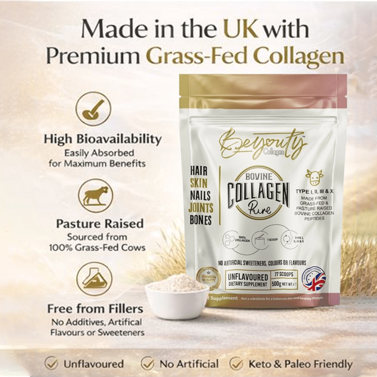 Pure Hydrolysed Bovine Collagen Peptides TYPE I, II, III & X - 5Kg (x10 Pouch) - BeYouty Collagen™