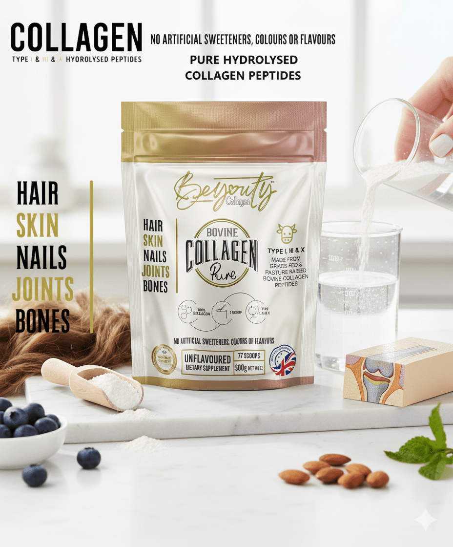 Collagen powder packaging with branding and product details on a white surface. BeYouty Collagen. BeYouty Collagen. BeYouty Collagen Peptides. Unflavoured Halal Collagen, Halal Collagen Supplements, Hydrolysed Bovine Collagen Peptides Powder, Hydrolysed Marine Collagen Peptides Powder,
Hydrolysed Multi Bovine & Marine Collagen Peptides Powder, Hydrolysed Collagen Peptides Powder UK, Buy Halal Collagen UK, Pure Hydrolysed Collagen "Halal collagen powder UK – BeYouty Collagen"