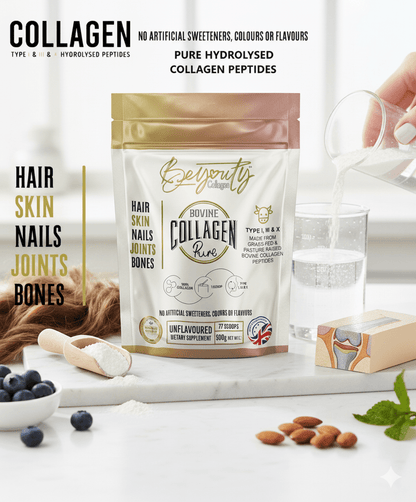 Collagen powder packaging with branding and product details on a white surface. BeYouty Collagen. BeYouty Collagen. BeYouty Collagen Peptides. Unflavoured Halal Collagen, Halal Collagen Supplements, Hydrolysed Bovine Collagen Peptides Powder, Hydrolysed Marine Collagen Peptides Powder,
Hydrolysed Multi Bovine & Marine Collagen Peptides Powder, Hydrolysed Collagen Peptides Powder UK, Buy Halal Collagen UK, Pure Hydrolysed Collagen "Halal collagen powder UK – BeYouty Collagen"