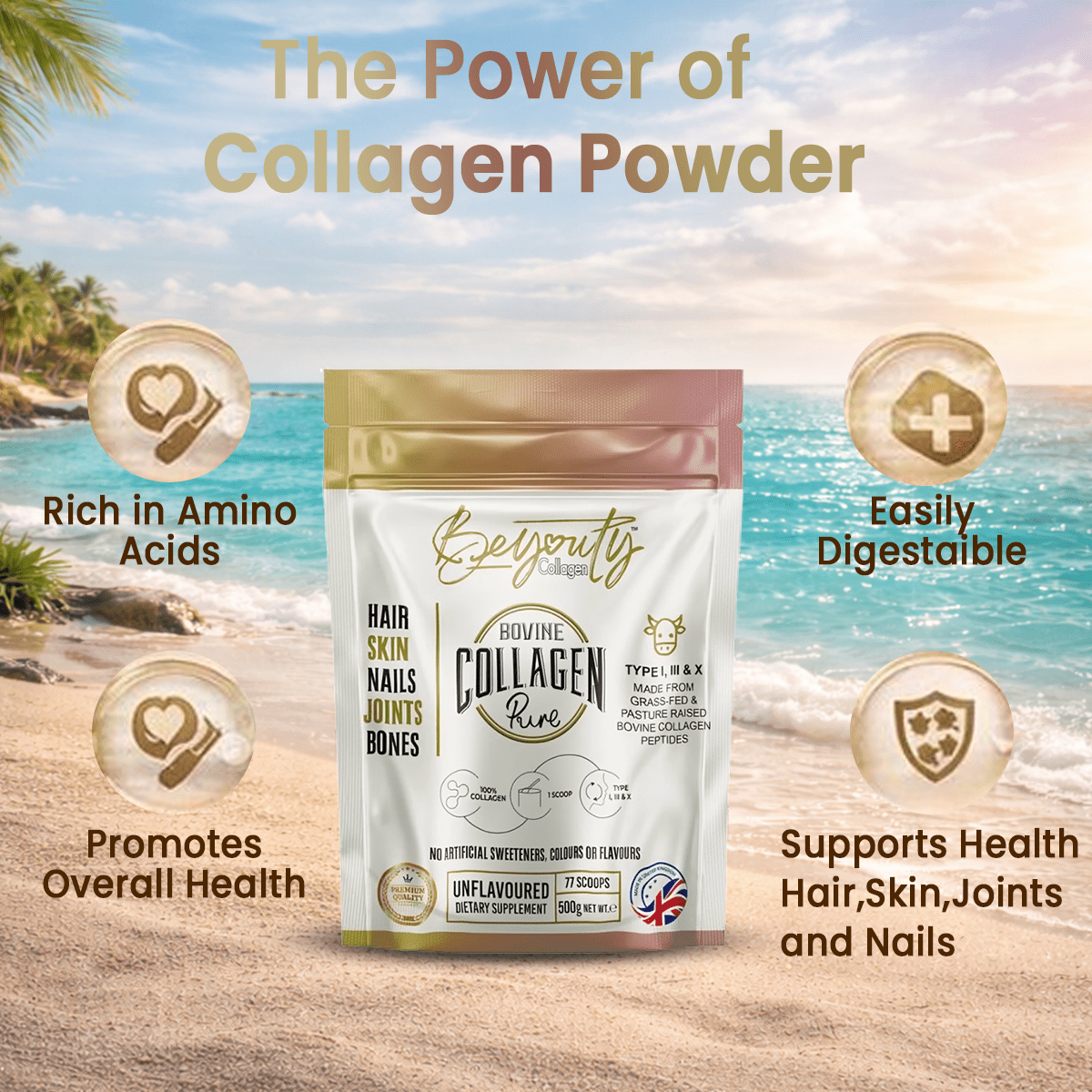 Pure Hydrolysed Bovine Collagen Peptides TYPE I, III & X - 500g - BeYouty Collagen™