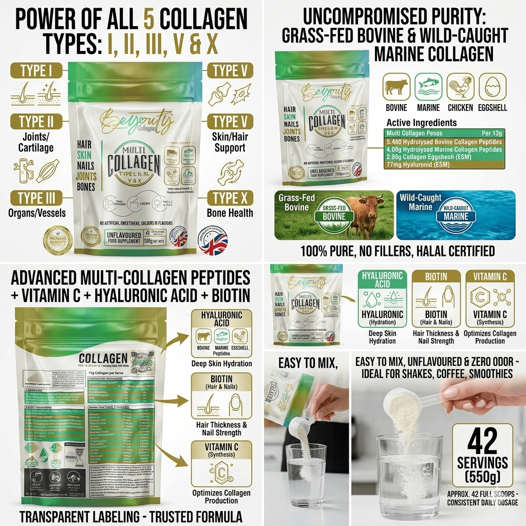 Pure Multi Types Collagen Hydrolysed Peptides TYPE I, II, III, V & X - 550G - BeYouty Collagen™