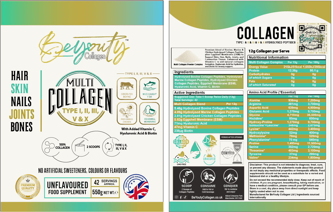 Pure Multi Types Collagen Hydrolysed Peptides TYPE I, II, III, V & X - 550G - BeYouty Collagen™