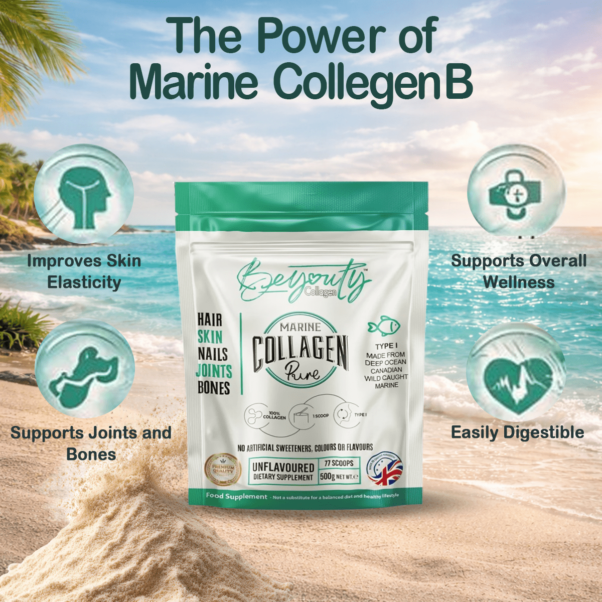 Pure Premium Marine Collagen Hydrolysed Peptides TYPE I - 500g - BeYouty Collagen™