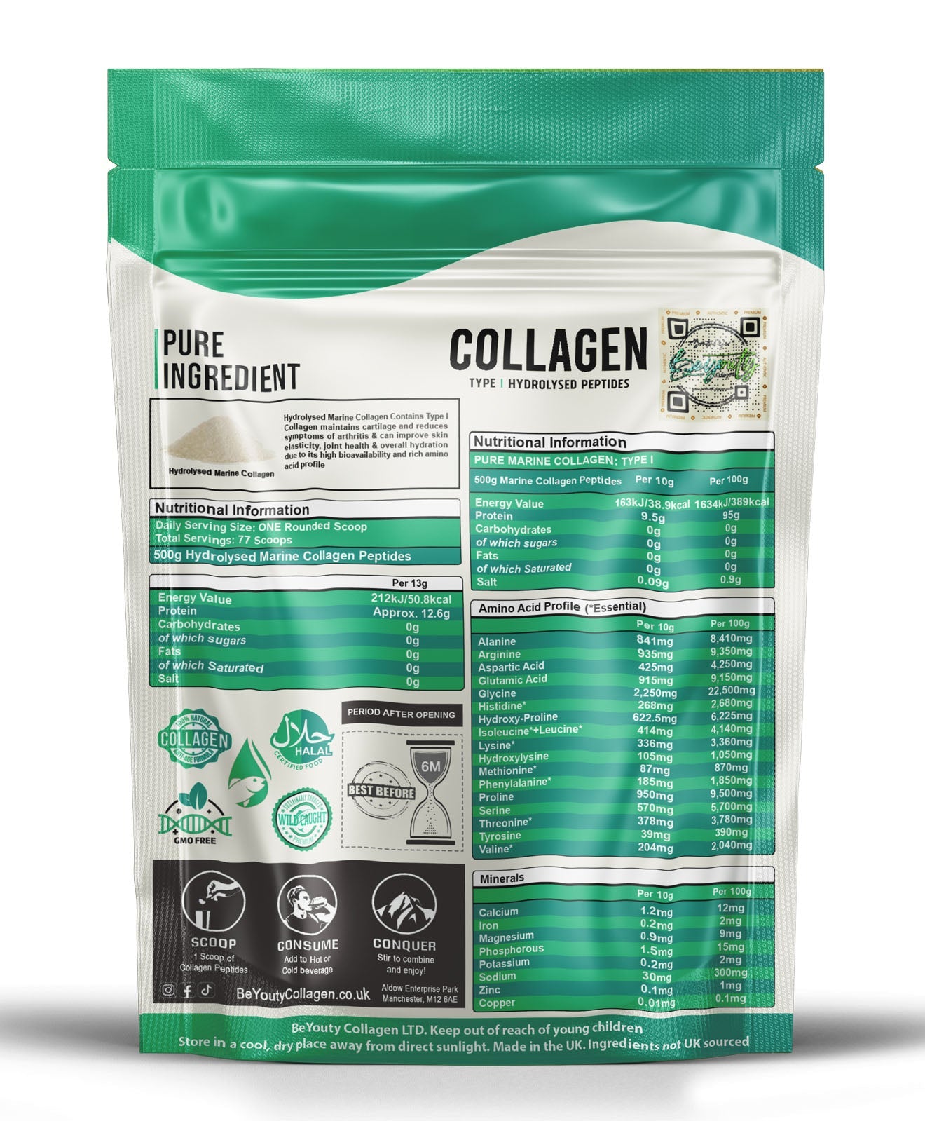 Back of 500g Marine Collagen powder package with nutritional information on a white background. Unflavoured Halal Collagen, Halal Collagen Supplements, Hydrolysed Bovine Collagen Peptides Powder, Hydrolysed Marine Collagen Peptides Powder,
Hydrolysed Multi Bovine & Marine Collagen Peptides Powder, Hydrolysed Collagen Peptides Powder UK, Buy Halal Collagen UK, Pure Hydrolysed Collagen 