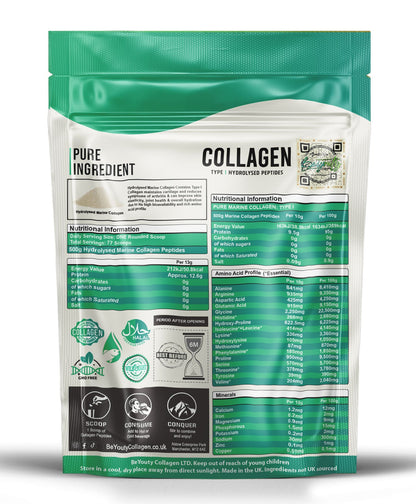 Back of 500g Marine Collagen powder package with nutritional information on a white background. Unflavoured Halal Collagen, Halal Collagen Supplements, Hydrolysed Bovine Collagen Peptides Powder, Hydrolysed Marine Collagen Peptides Powder,
Hydrolysed Multi Bovine & Marine Collagen Peptides Powder, Hydrolysed Collagen Peptides Powder UK, Buy Halal Collagen UK, Pure Hydrolysed Collagen 